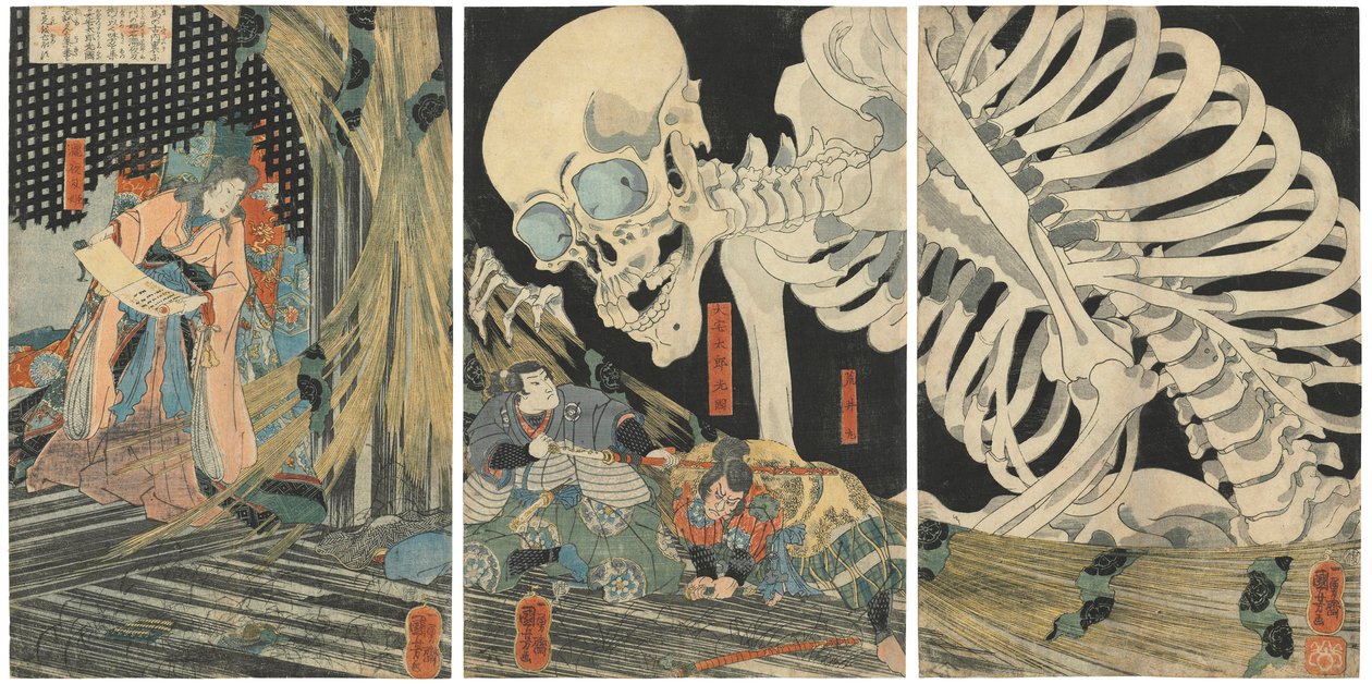 Oyataro Mitsukuni vzdorující strašidlu kostry vykouzlené princeznou Takiyashou, 1844-1845. od Utagawa Kuniyoshi