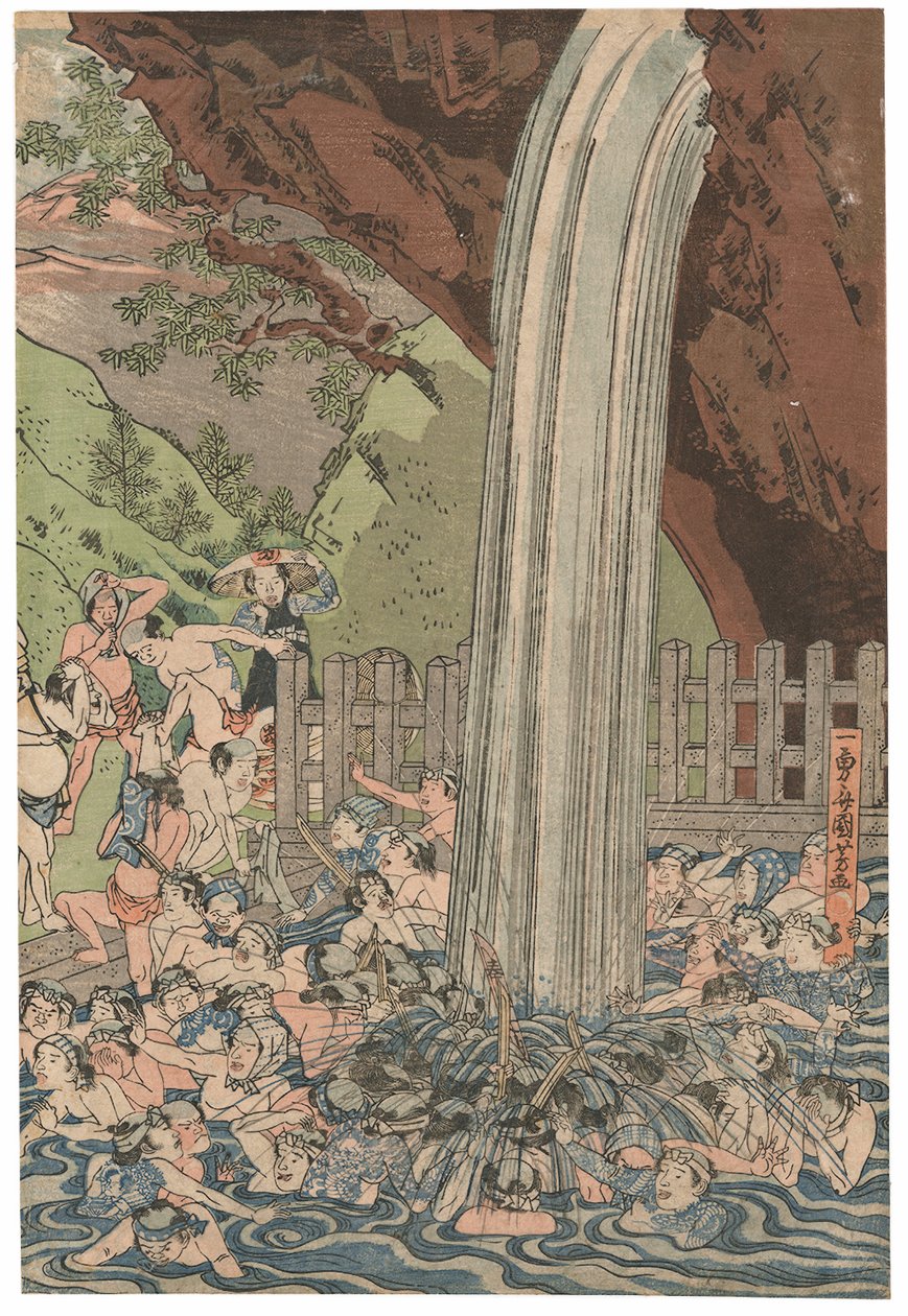 Poutníci u vodopádu Roben v Oyamě, podepsáno Ichiyusai Kuniyoshi, vydalo nakladatelství Azumaya Daisuke, pečeť kiwame, triptych Oban tate-e (barevný dřevotisk) od Utagawa Kuniyoshi