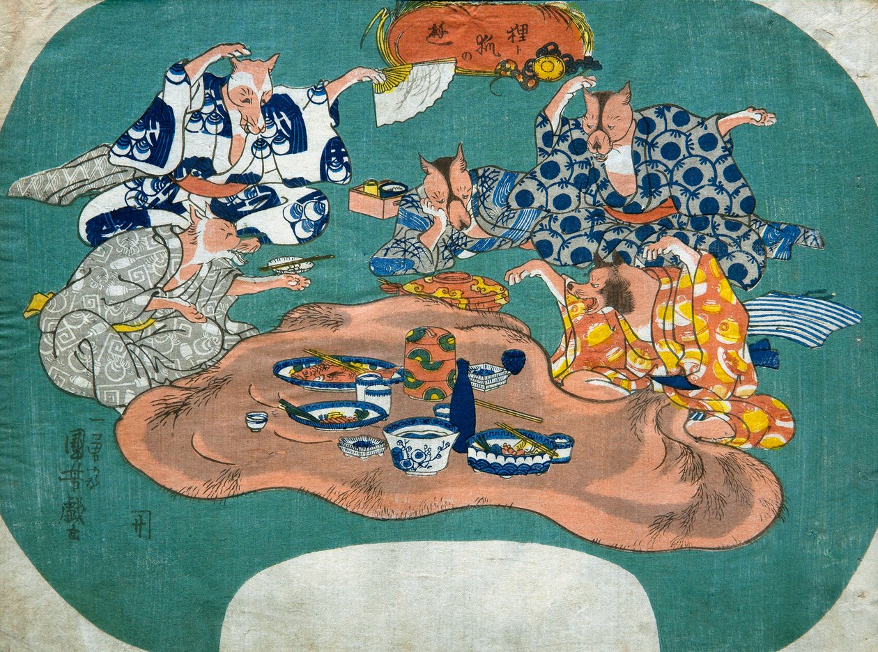 Mývalový pes a liška ve hře (Tanuki to kitsune no asobi), kolem roku 1842 od Utagawa Kuniyoshi