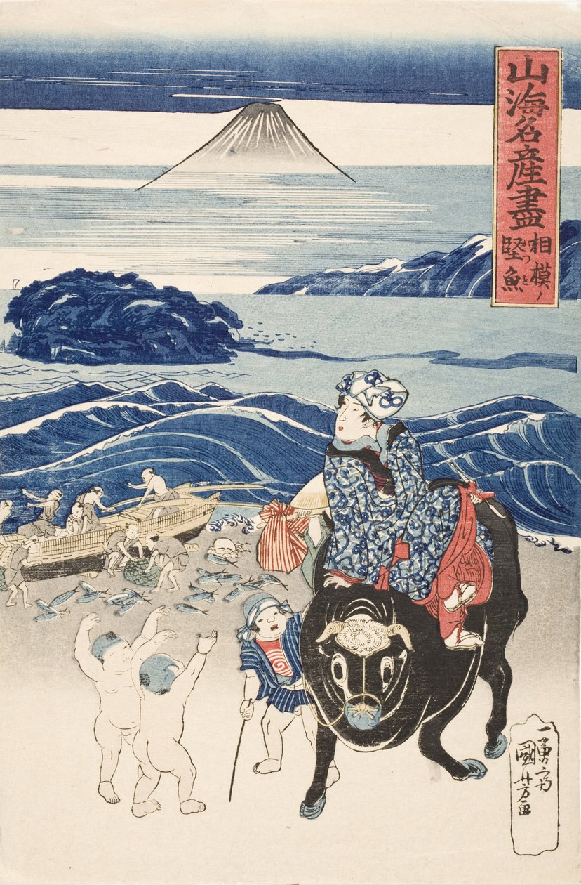 Sagami: rybář vykládající pruhované tuňáky od Utagawa Kuniyoshi