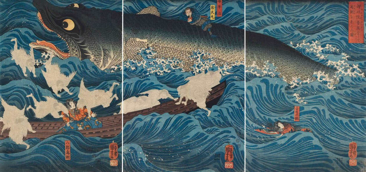 Postava, která zachraňuje Tametomo prostřednictvím členů Sanuki, 1851. od Utagawa Kuniyoshi