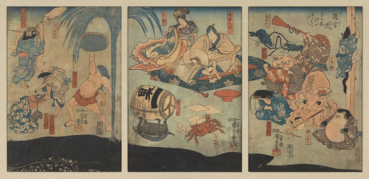 Mořští tvorové baví Urašimu Taróa a Oto Hime v Dračí paláci od Utagawa Kuniyoshi