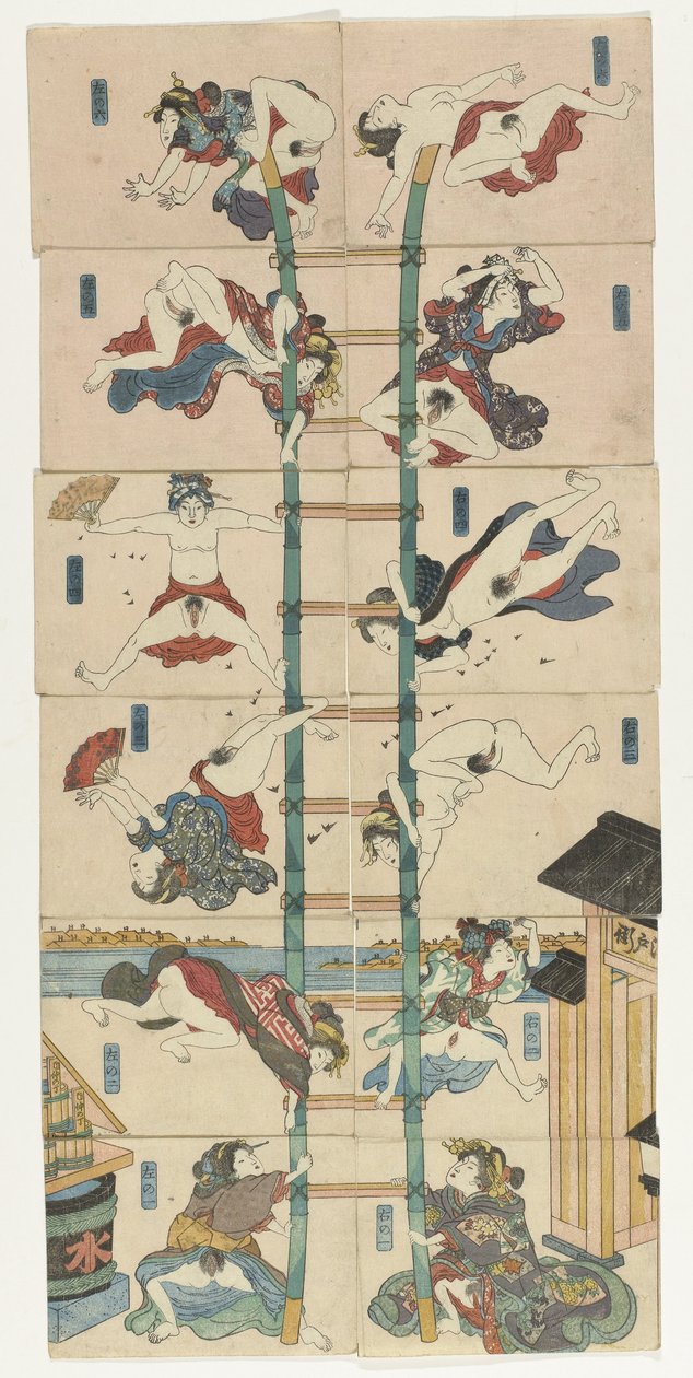 Série dvanácti koban Shunga s prostitutkami v roli akrobatických hasičů od Utagawa Kuniyoshi