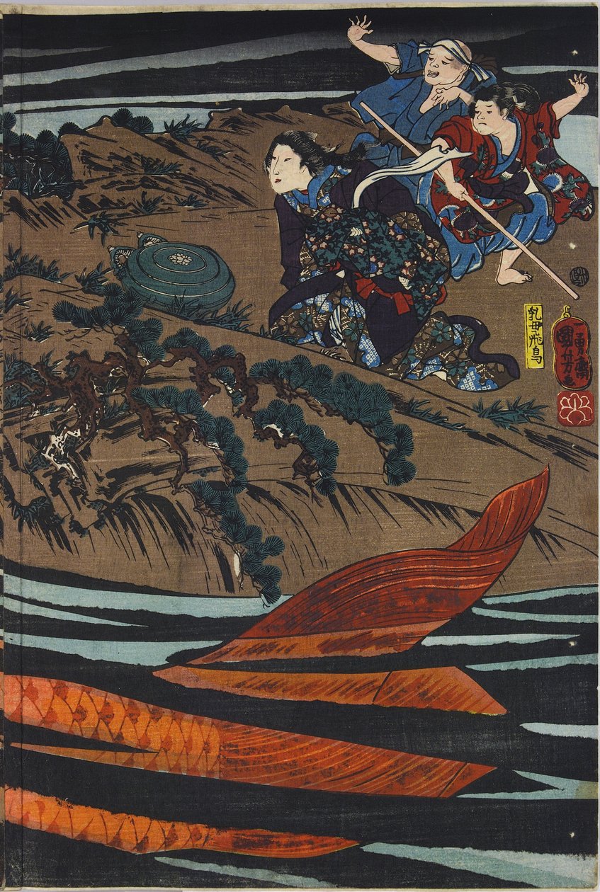 List z barevného dřevotiskového triptychu, zobrazující Oniwaka-maru (budoucího Musashibo Benkei), který se chystá zaútočit na obřího kapra, který pohltil jeho matku: Japonsko, Edo, Utagawa Kuniyoshi, c. 1845 od Utagawa Kuniyoshi