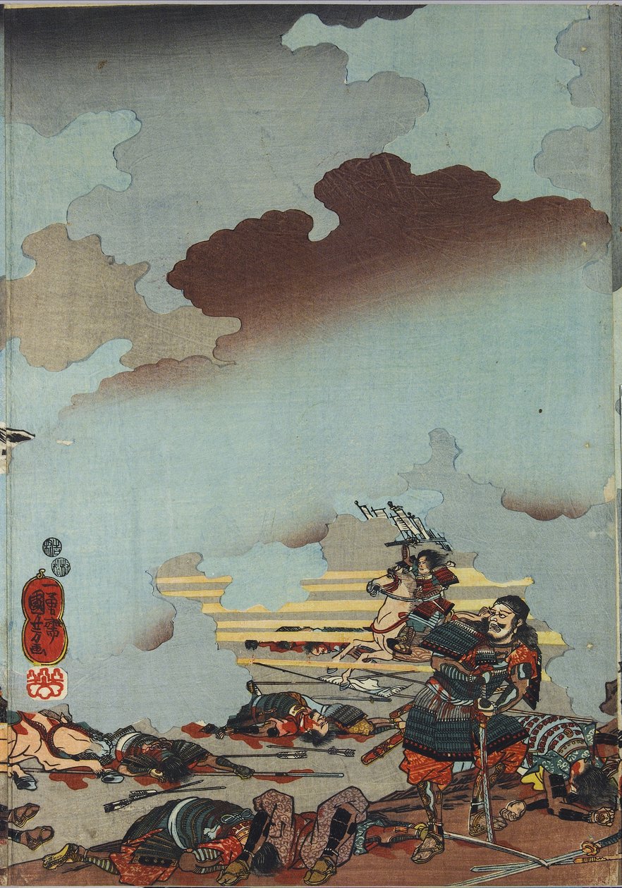 List z barevného dřevořezného triptychu s názvem Eiroku yonnen kugatsu yokka Kawanakajima kassen ni Yamamoto Kansuke nyūdō no uchijini no zu (Smrt Yamamota Kansukeho v bitvě u Kawanakajima 4. 19. 4. měsíce E156) od Utagawa Kuniyoshi