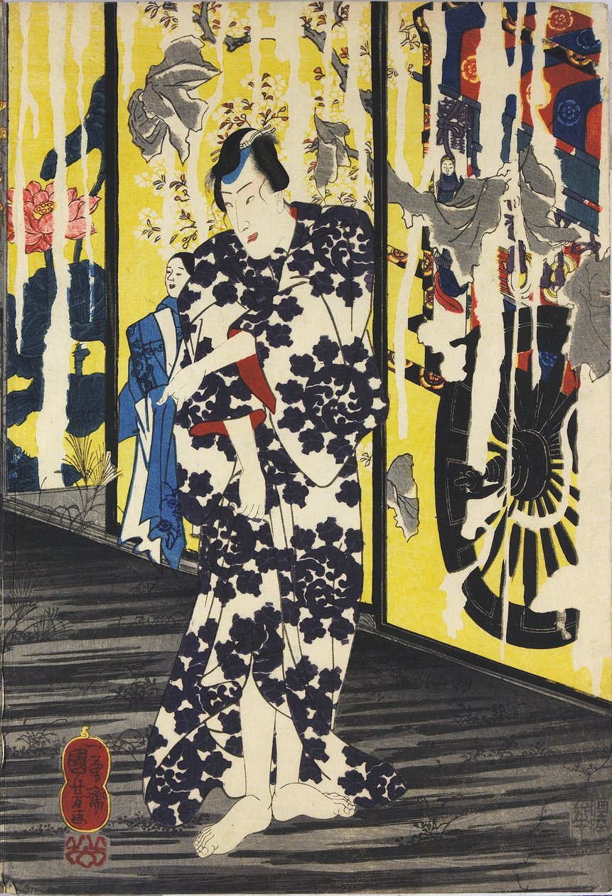 List z barevného dřevořezového triptychu s názvem Imayo Teru-uji furudera no kozu (Aktuální Teruuji na starém obrázku ve starém chrámu), zobrazující scénu ve zničeném chrámu za měsíčního svitu s roztrhanými a odlupujícími se fusuma, s Teru- uji nabízí ručn od Utagawa Kuniyoshi