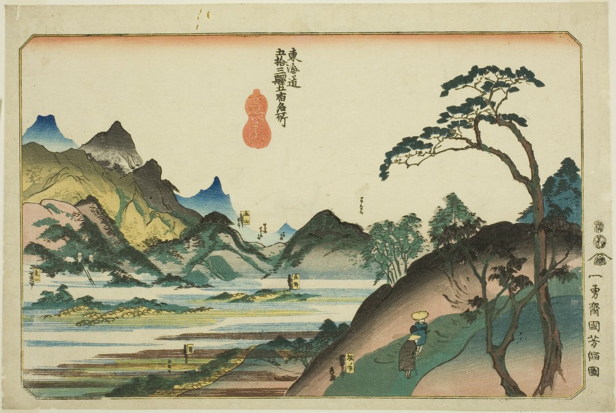Shono, Kameyama, Seki, Sakanoshita a Tsuchiyama, ze série „Slavná místa na padesáti třech stanicích Tokaida, pět stanic (Tokaido gojusan eki goshuku meisho)“ od Utagawa Kuniyoshi