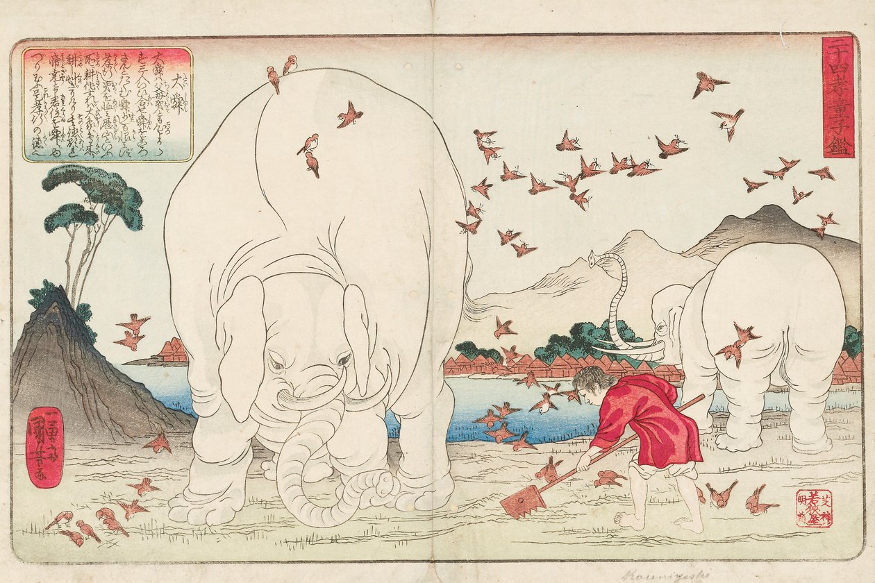 Taishun okopává pole s pomocí slonů a hejna vrabců, sign. Ichiyusai Kuniyoshi ga, kolem 1843 (barevný dřevotisk) od Utagawa Kuniyoshi