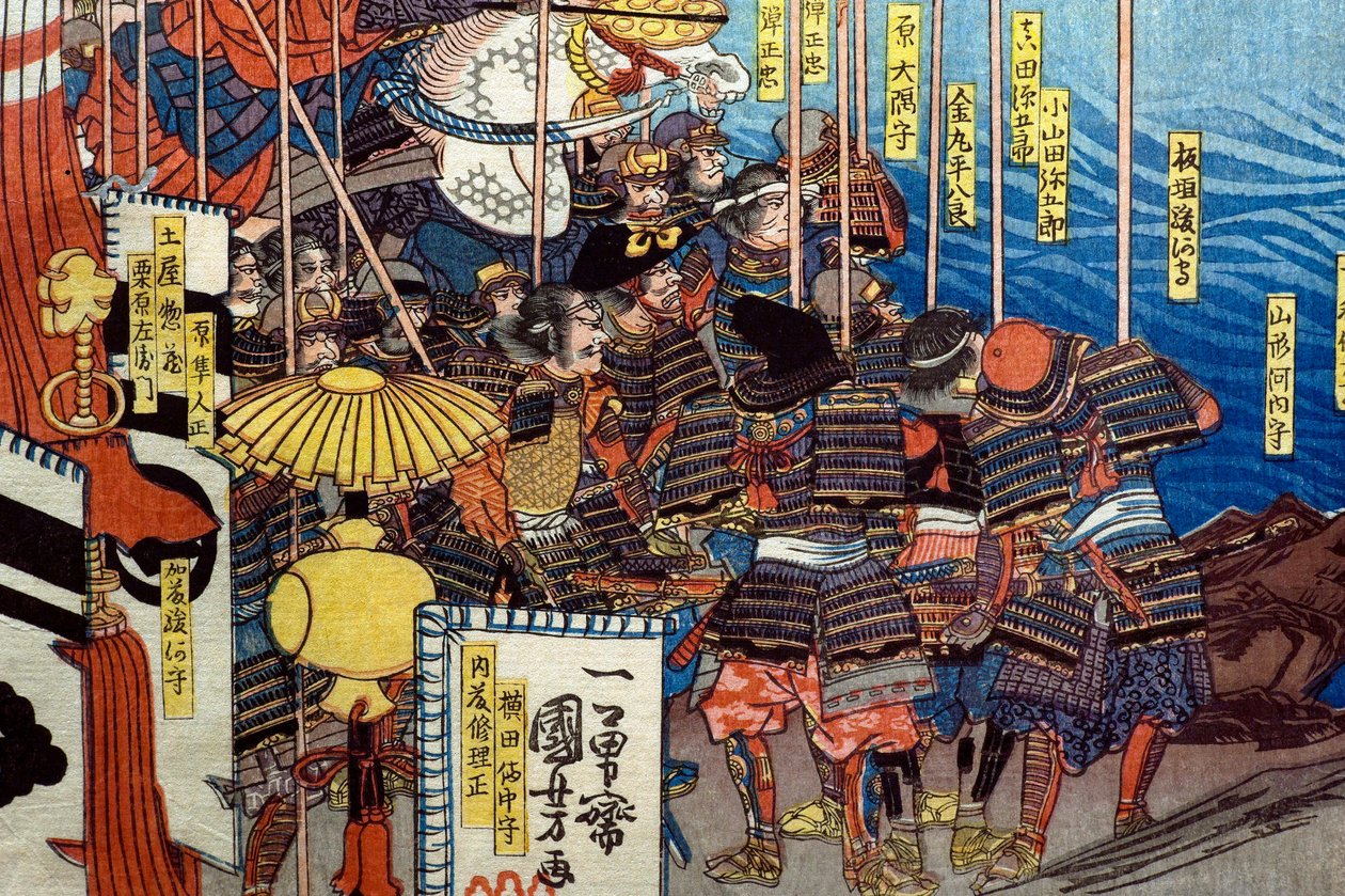 Takeda Shingen Chrushes the Forces of Suwa Yorishige (Takeda Shingen Suwa Yorishige no jinchū o uchi-kuzusu zu), c.1850-51 od Utagawa Kuniyoshi