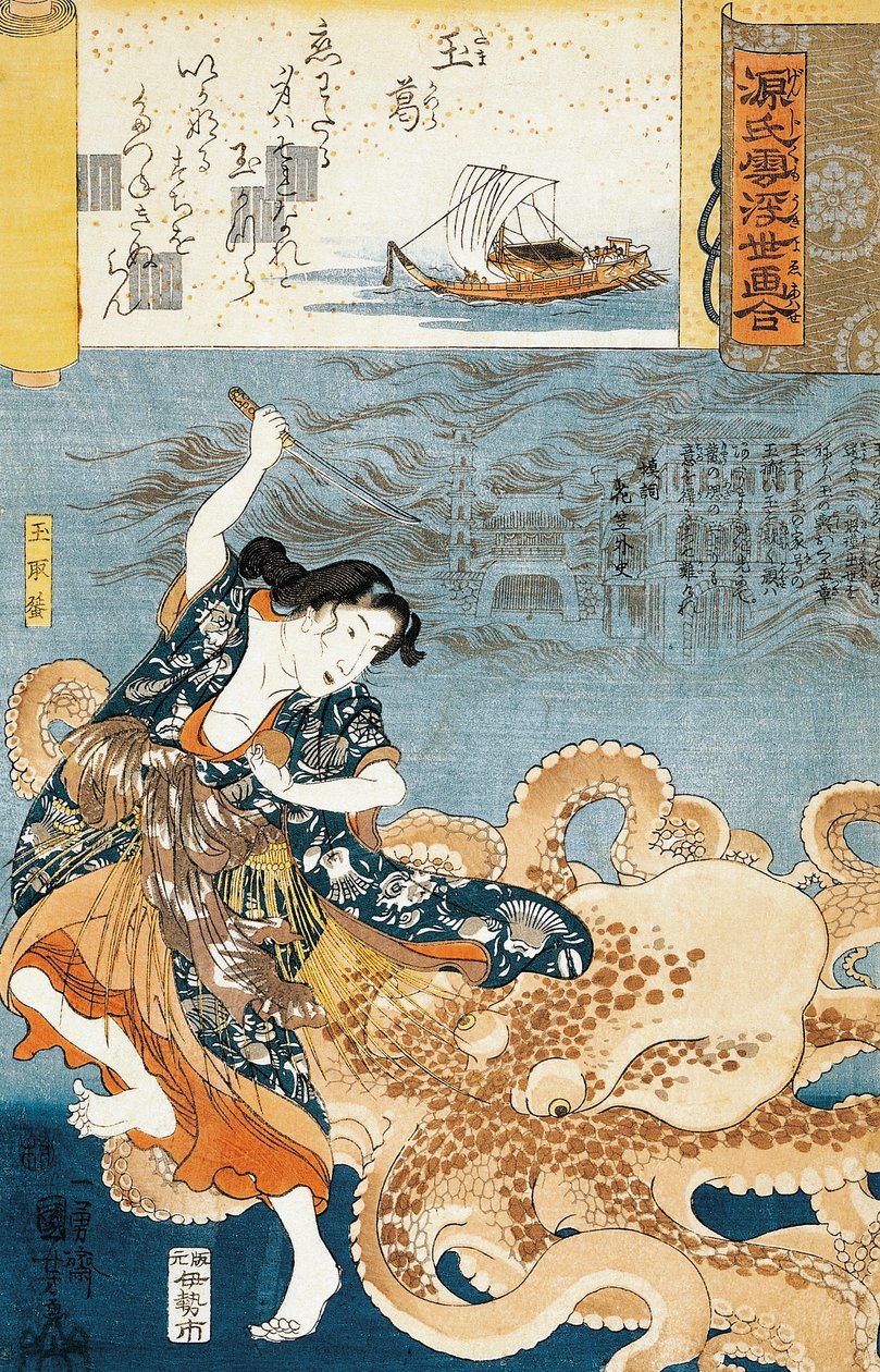 Tamatori (žena ama potápěčka), napadena chobotnicí, když se chopila posvátného drahokamu od Utagawa Kuniyoshi