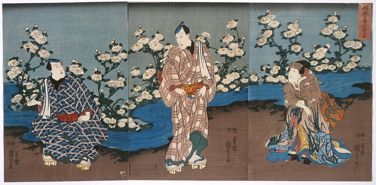 Herec Onoe Kikugorō III. při pohledu na chryzantémy a potok od Utagawa Kuniyoshi