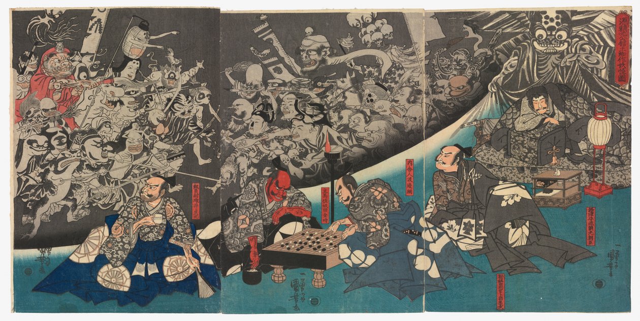Zemní pavouk vytváří příšery v sídle lorda Minamota Yorimitsu (Minamoto Yorimitsu [Raikō] kō no yakata ni tsuchigumo yōkai o nasu zu) od Utagawa Kuniyoshi