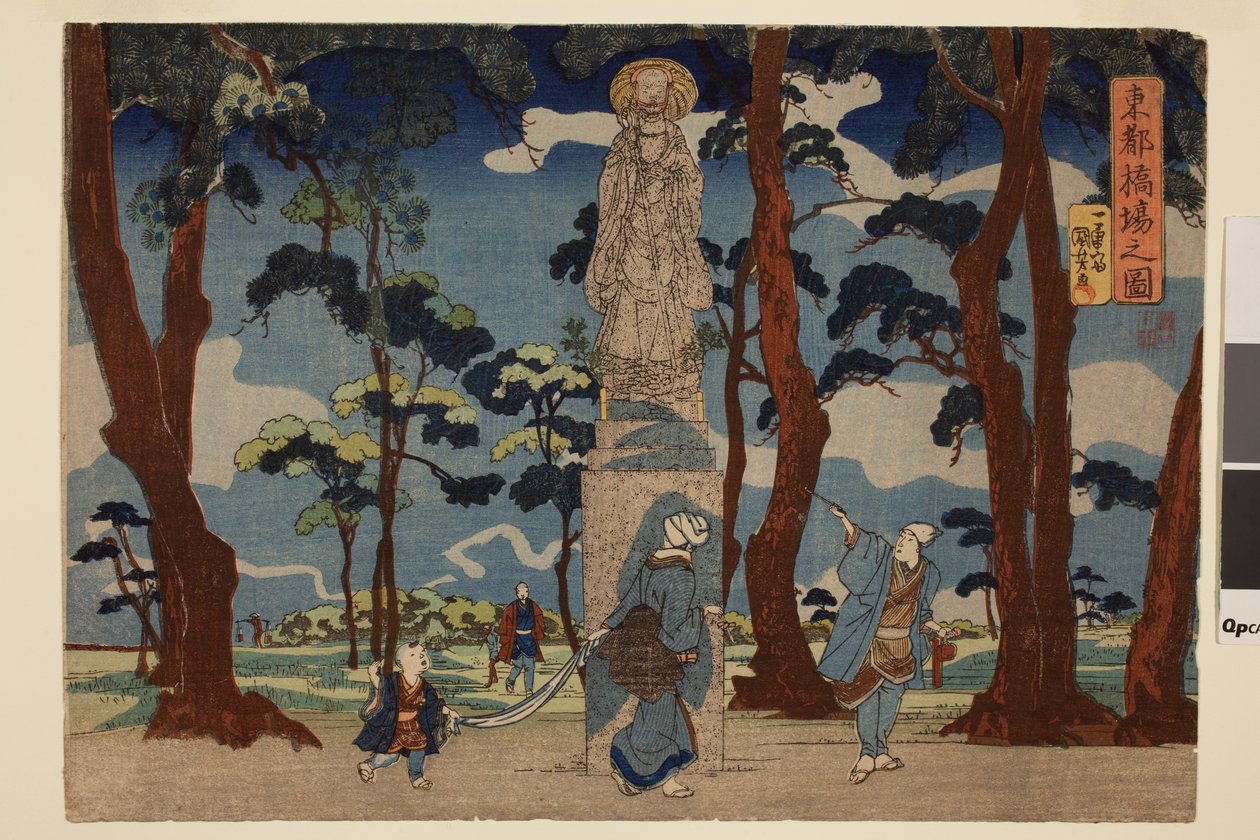 Socha Jizo u přívozu v Hašibě ve východním hlavním městě, ze série Východní hlavní město od Utagawa Kuniyoshi