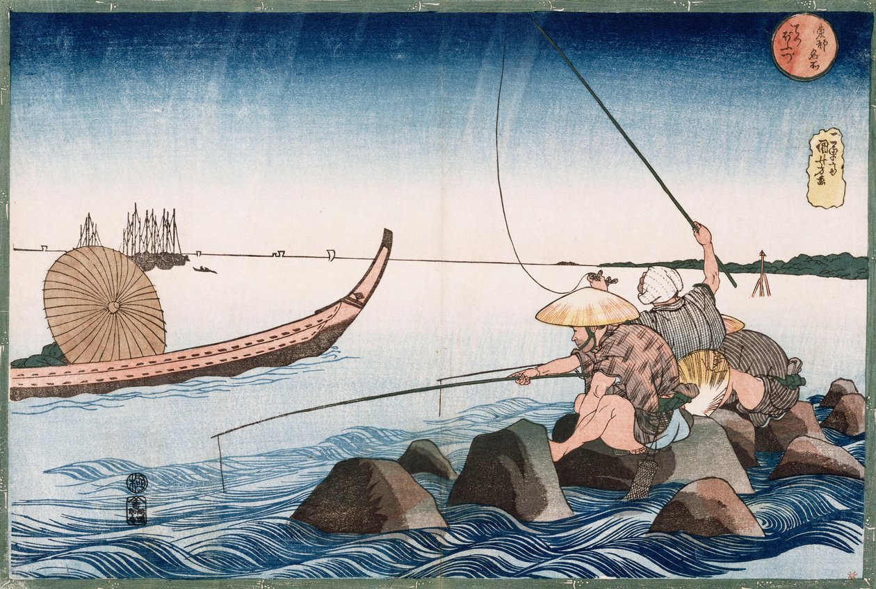Tři rybáři lovící v Teppozu, ze série „Slavná místa východního hlavního města“ od Utagawa Kuniyoshi