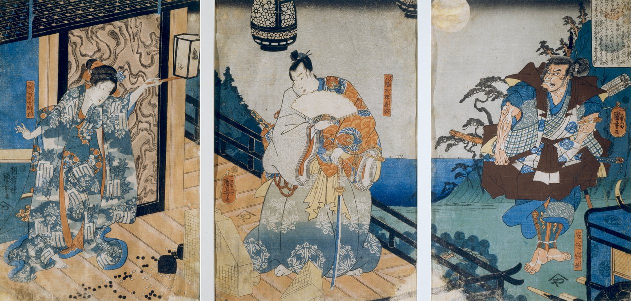 Triptych s dobrodružstvím Coxingy / Watonai od Hachimana Taro Yoshiie, Utagawa Kuniyoshi od Utagawa Kuniyoshi