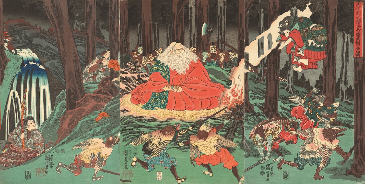 Ušiwakamaru se učí umění šermu od tengu, na které dohlíží jejich mistr Sojobo (dřevoryt) od Utagawa Kuniyoshi