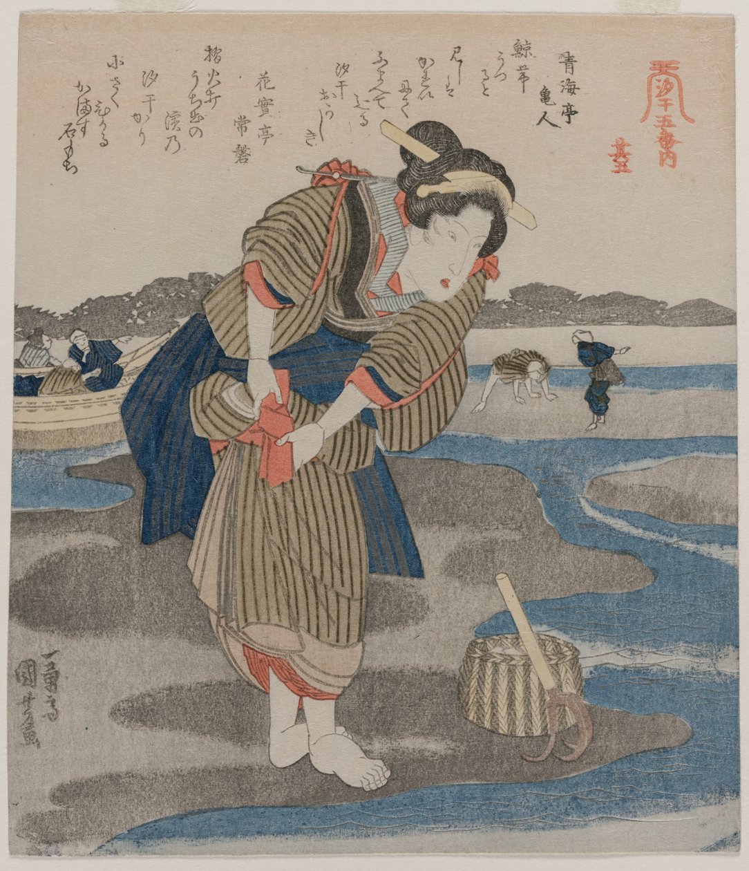 Žena Upevňovací její sukně; ze série Five Pictures of Low Tide od Utagawa Kuniyoshi