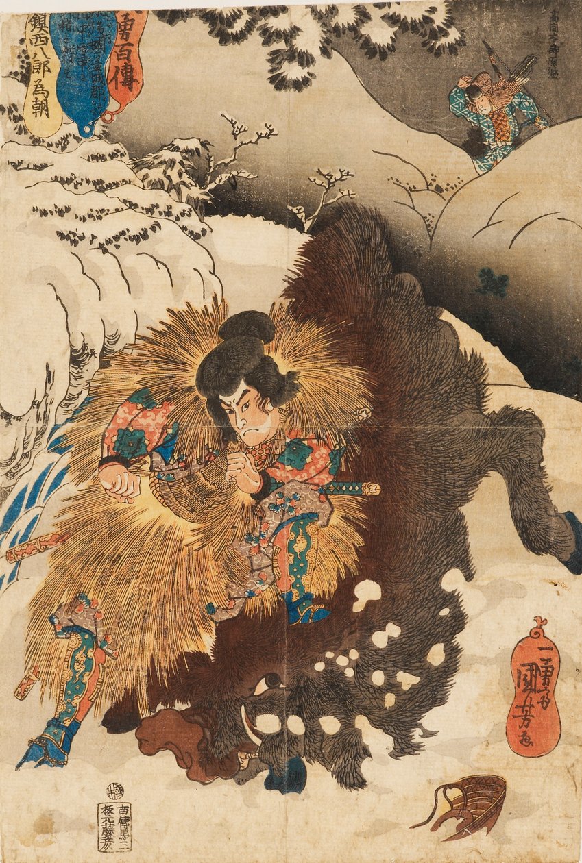 Woodblock print - Chinzei Hachiro Tametomo svrhl divoké prase v zasněžených horách Mashik od Utagawa Kuniyoshi