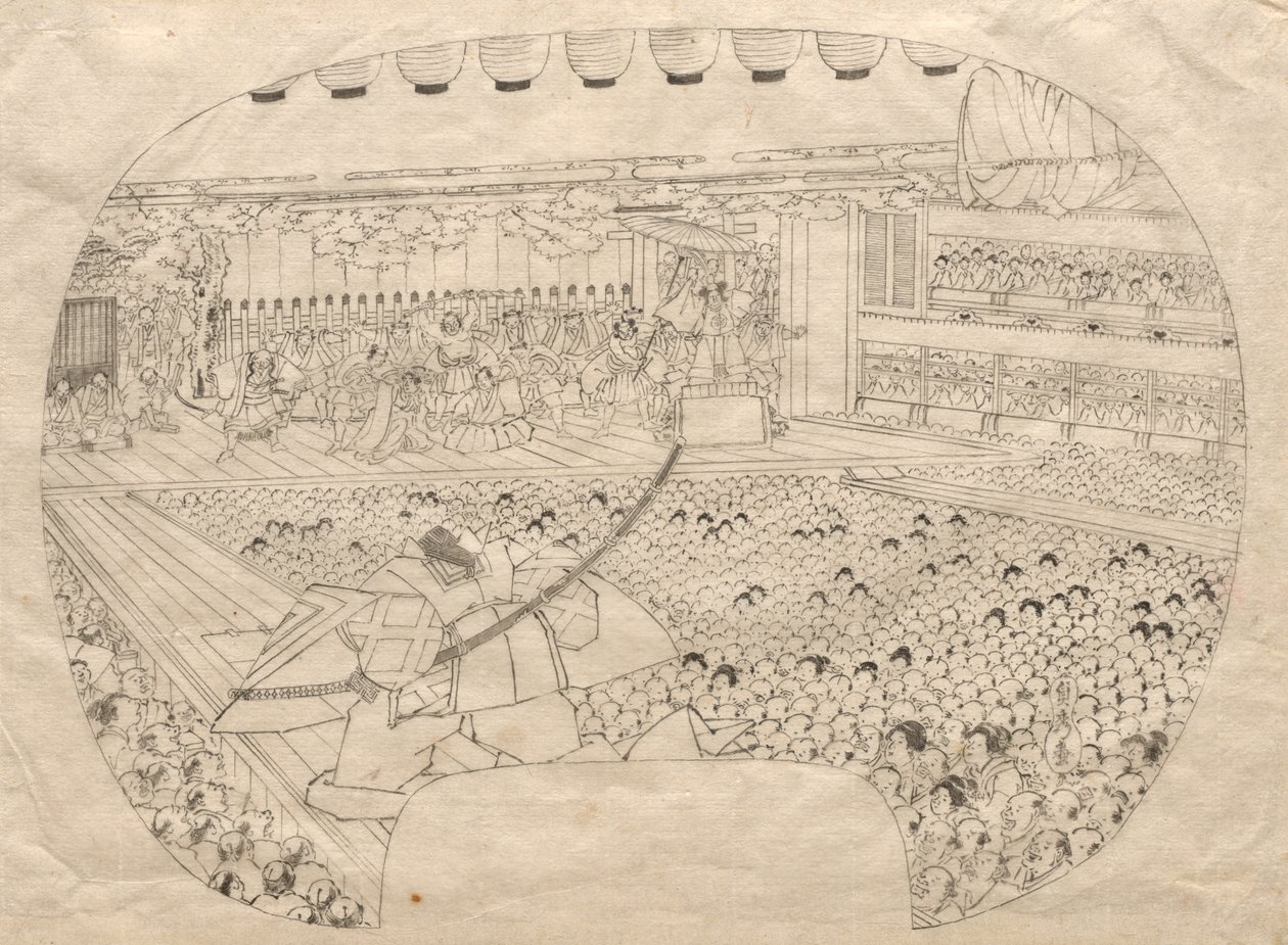 Návrh pro vějířovitý tisk divadla Kabuki od Utagawa Sadahide