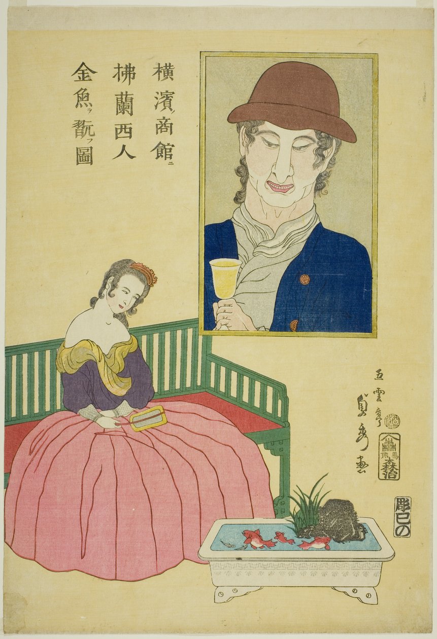 Francouzka obdivující post LD fish u spisovatele Yokohamy od Utagawa Sadahide