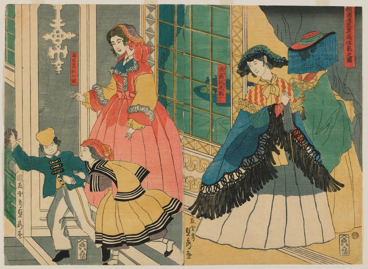Obrázek rezidence zahraničního obchodníka ze zámoří: Portugalsko a Jižní Amerika, období Edo, 1861 (barevný dřevotisk) od Utagawa Sadahide