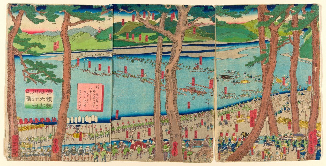 P Rotující zvuk Minamoto no Yoritomo přes odpaliště Rive r od Utagawa Sadahide