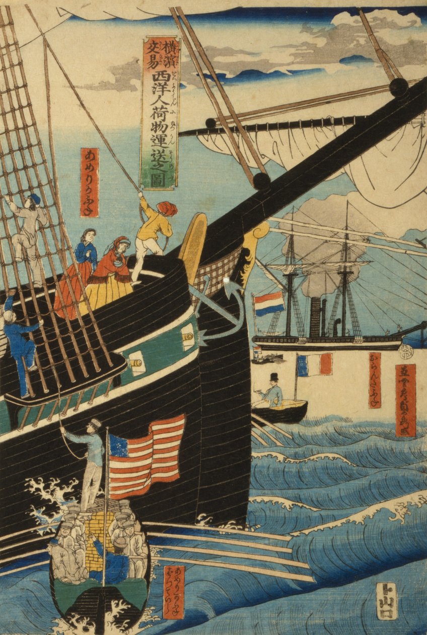 Západní obchodníci v Jokohamě přepravující náklad a cestující, 1861 od Utagawa Sadahide