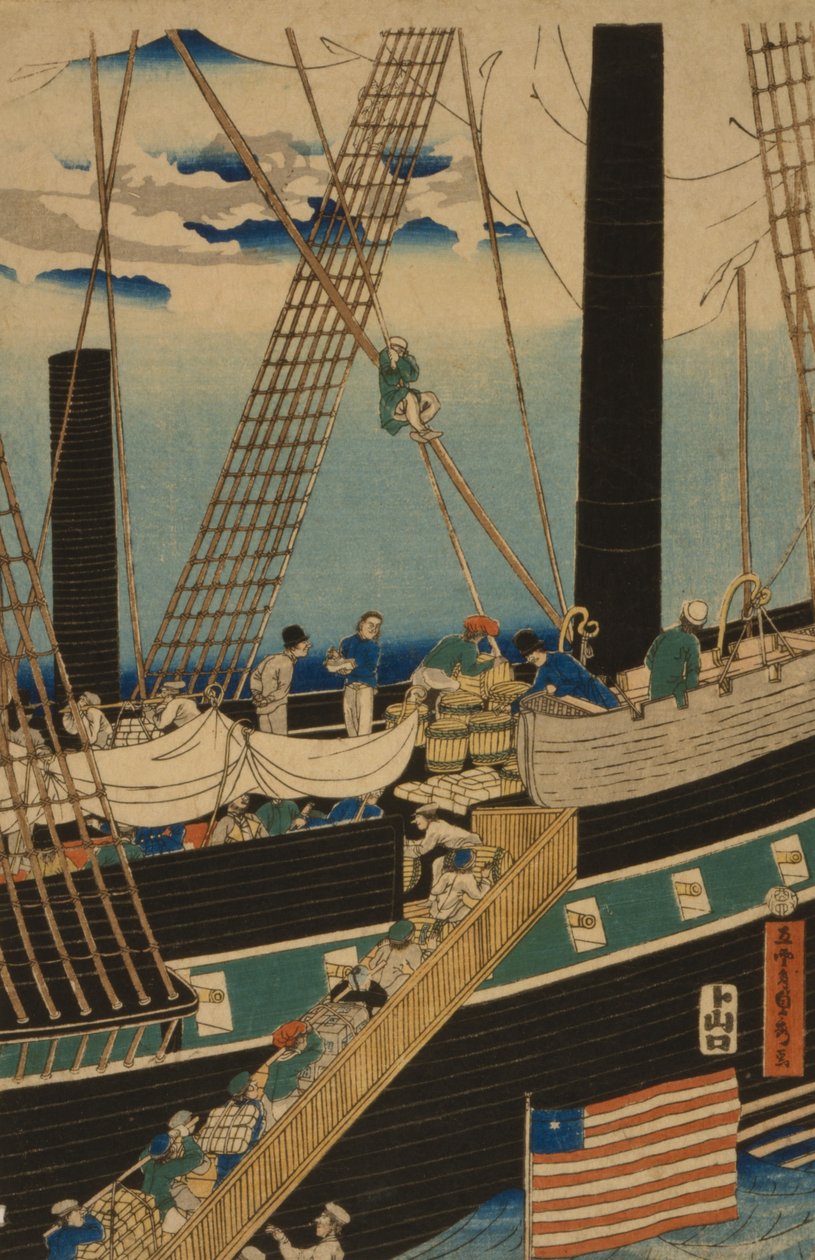 Západní obchodníci nakládající náklad v Jokohamě, 1861 od Utagawa Sadahide