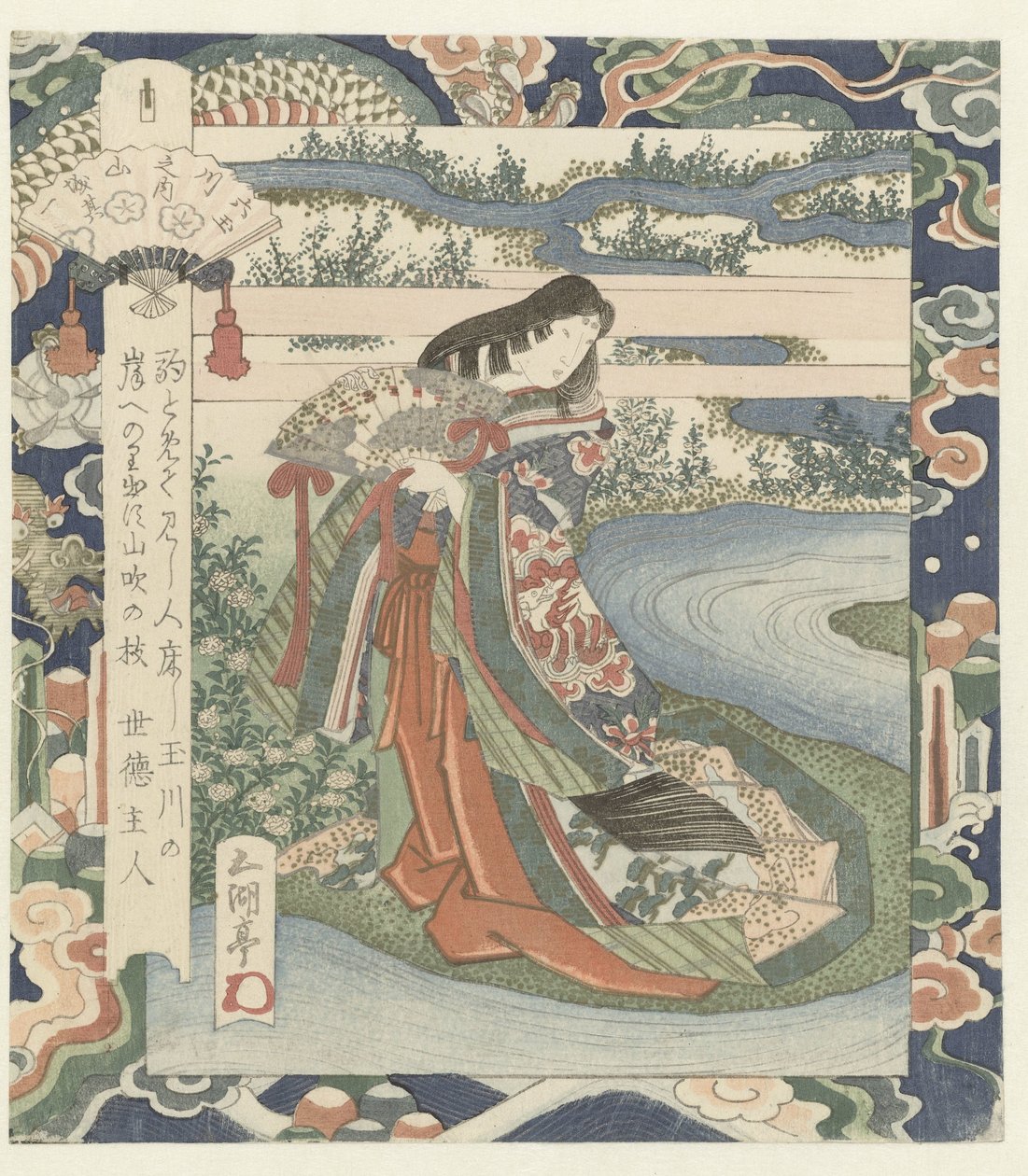 Dáma čeká na břehu řeky Řeka Ide v Yamashiro, číslo jedna Yamashiro - sono ichi (název na objektu) The Six Jewel Rivers (název série) Mutamagawa no uchi (název série na objektu) od Utagawa Sadakage