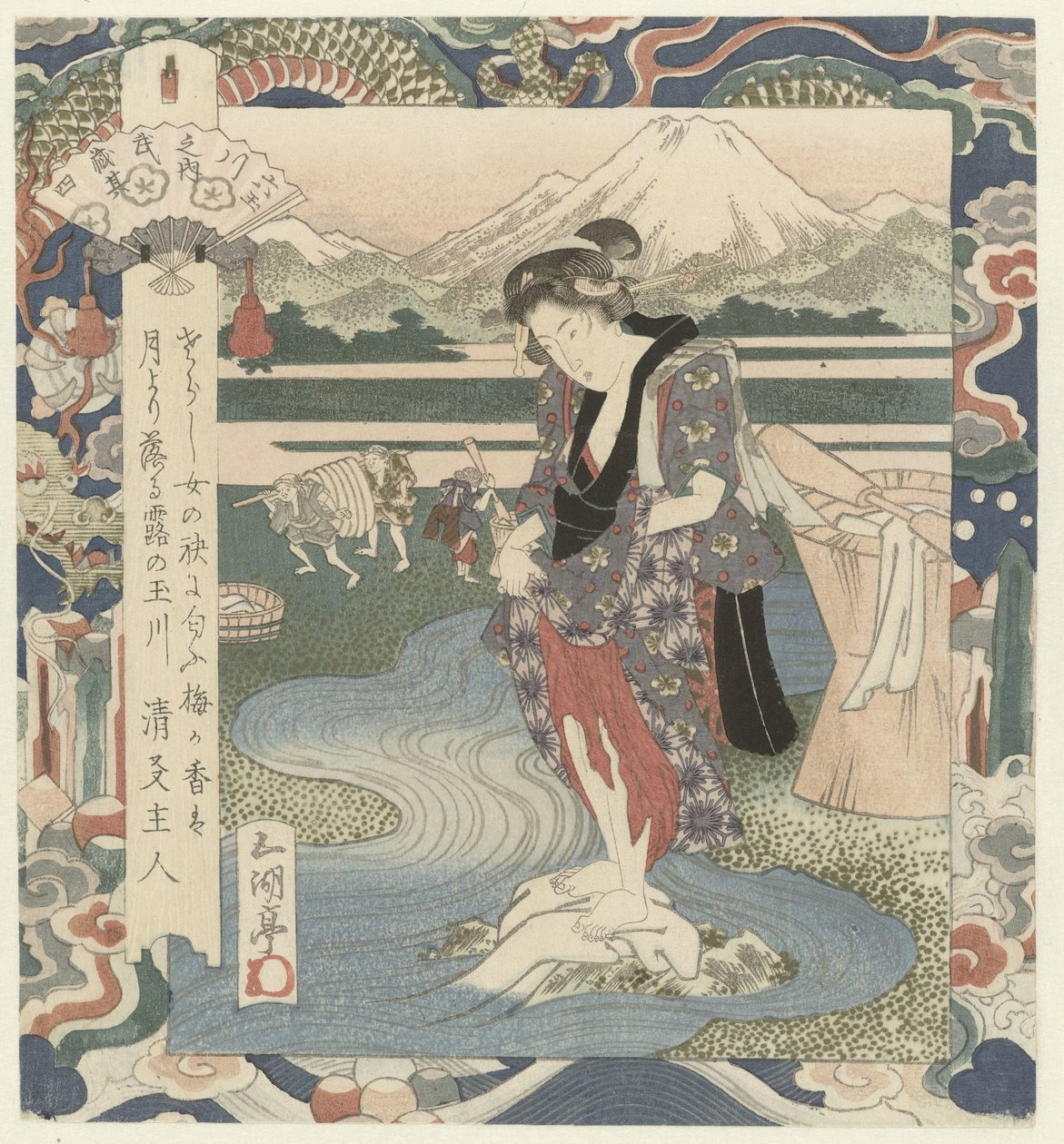 Žena pere prádlo v řece Řeka Chôbû v Musashi, číslo čtyři Musashi - sono yon (název na objektu) The Six Jewel Rivers (název série) Mutamagawa no uchi (název série na objektu) od Utagawa Sadakage