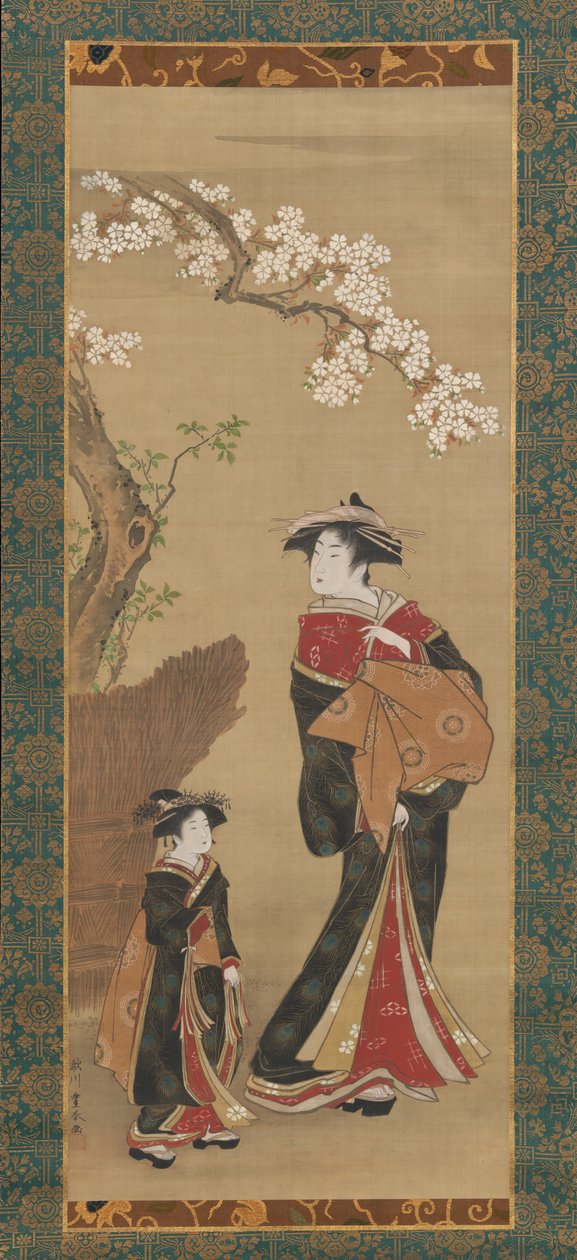 Kurtizána a její pomocník pod třešní, počátek 19. století. od Utagawa Toyoharu