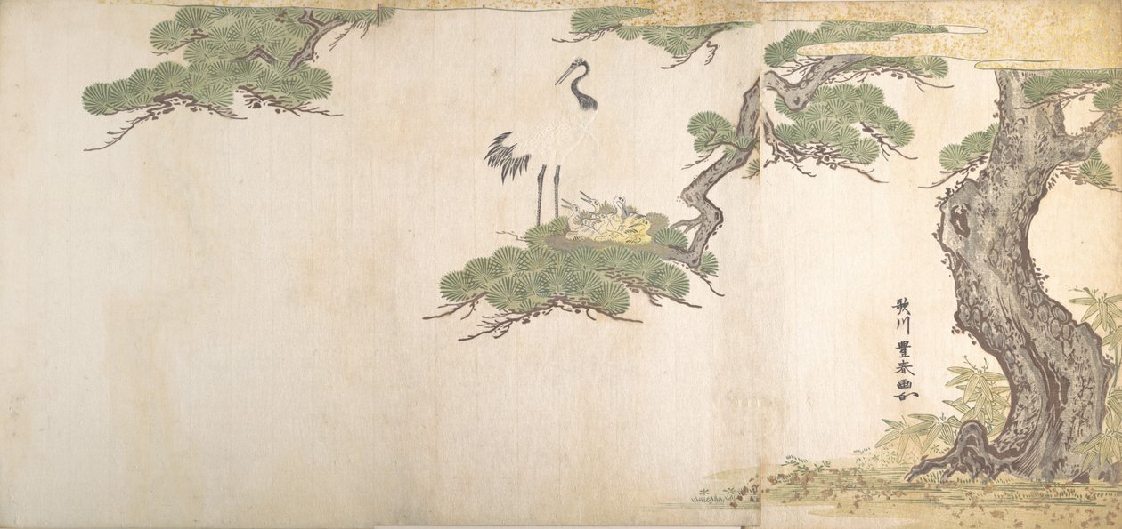 Jeřáb a jejich mláďata ve svém hnízdě ve větvích borovice, ca. 1790. od Utagawa Toyoharu