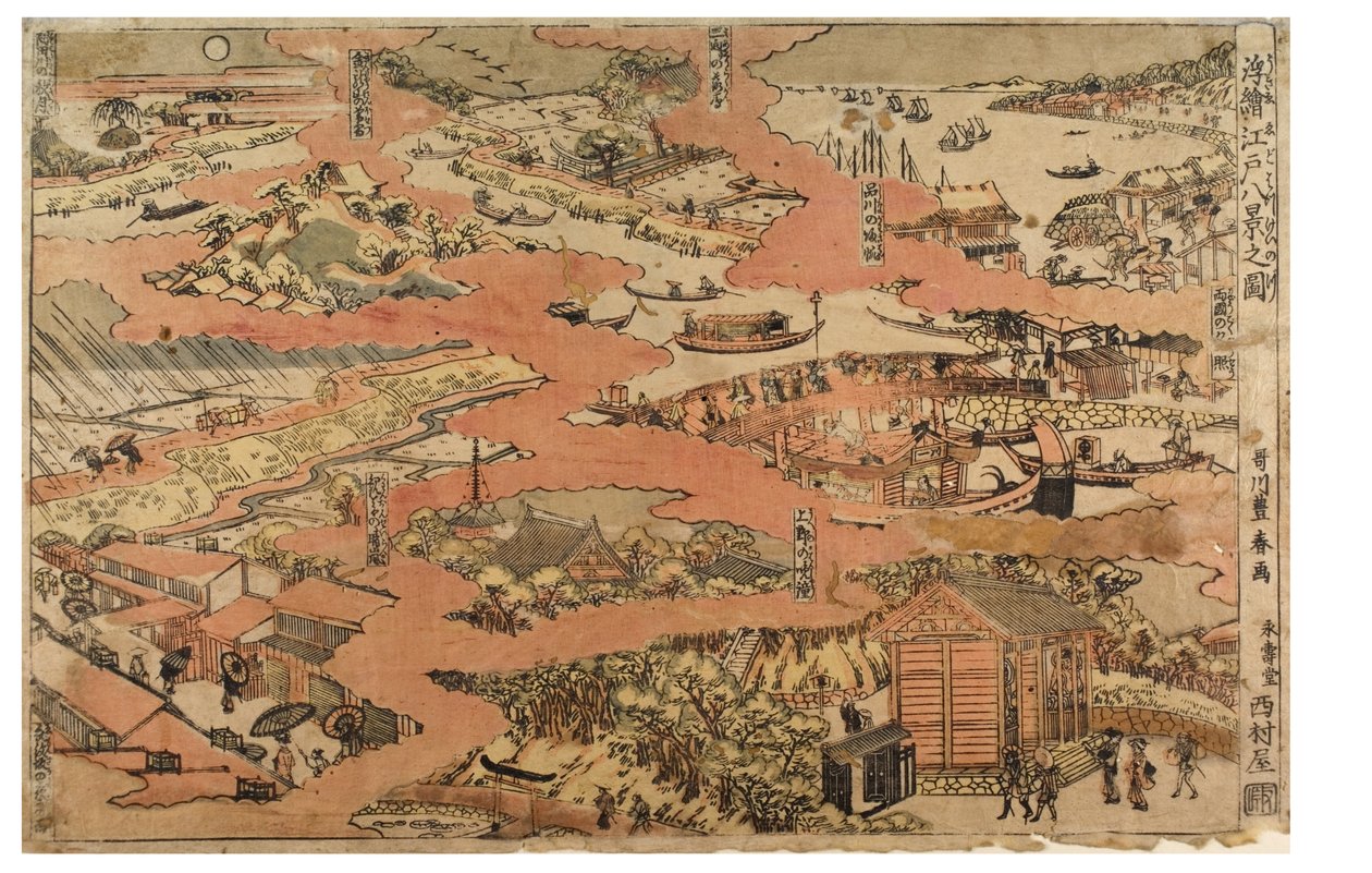 Osm pohledů na Edo, cca 1770-1780 (dřevořez na papíře) od Utagawa Toyoharu