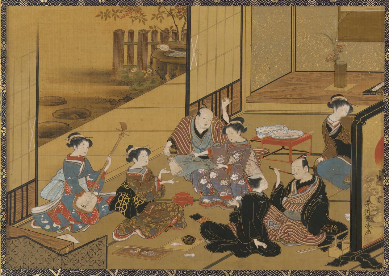 Vnitřní scéna večírku s <em>gejšou</em> a klienty od Utagawa Toyoharu