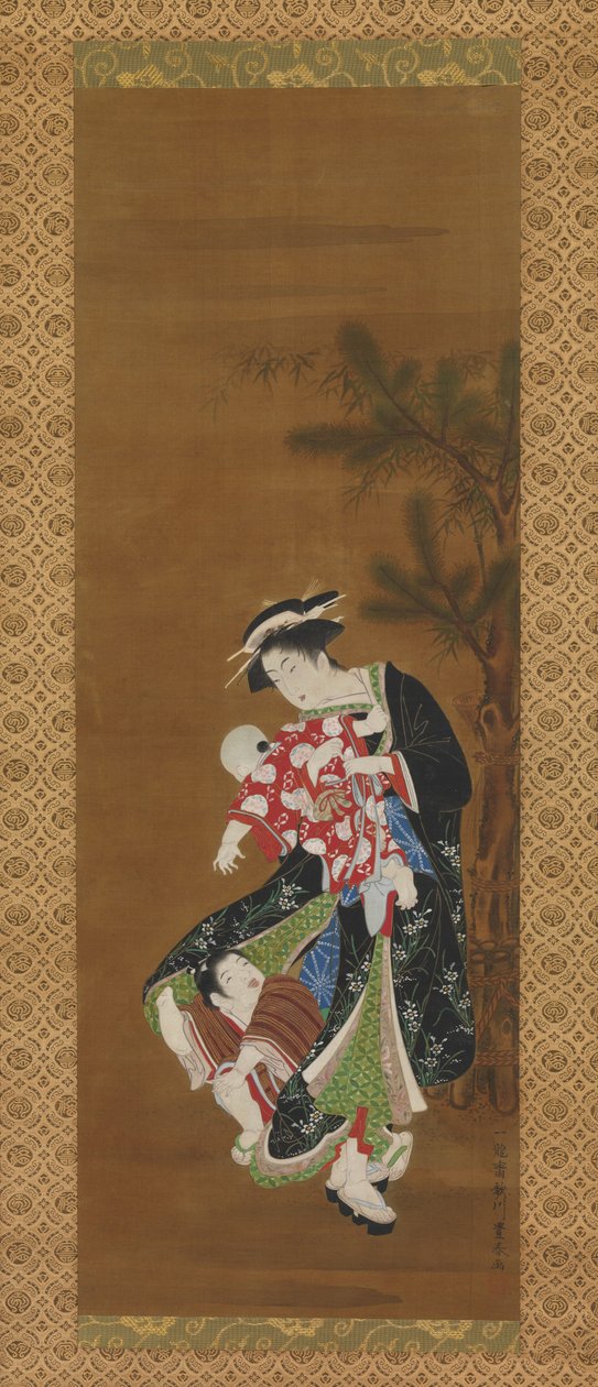 Matka a děti na nový rok (inkoust a barva na hedvábí) od Utagawa Toyoharu