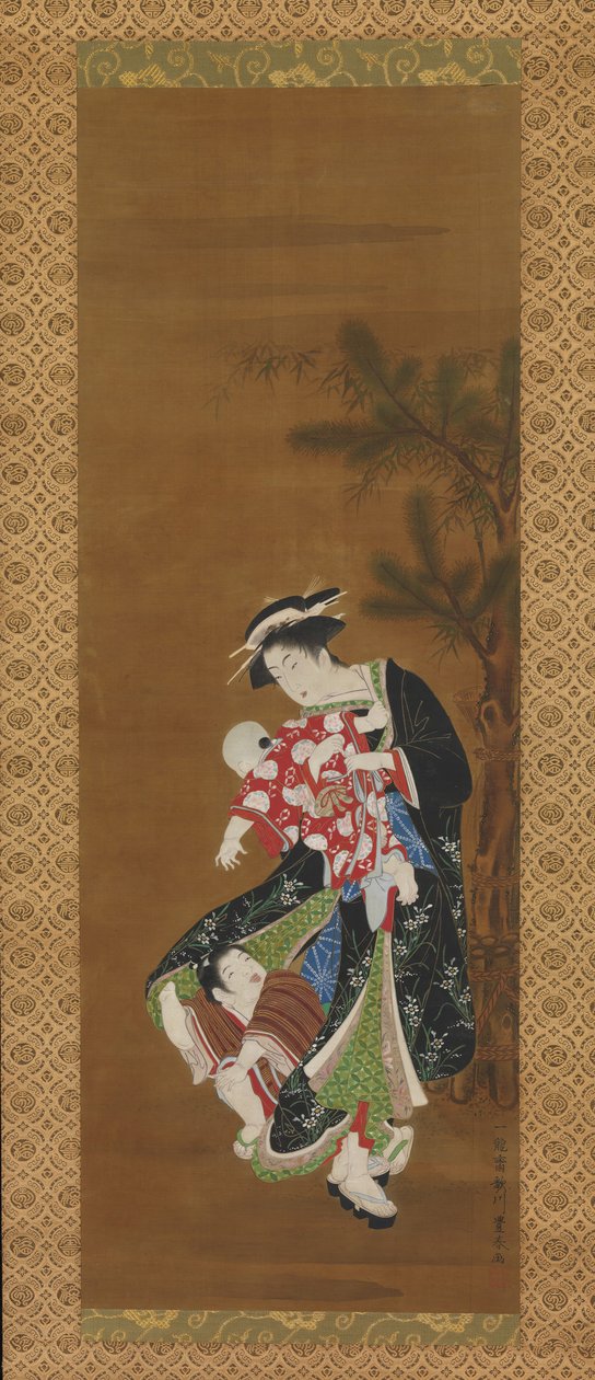 Matka a děti na nový rok, 18. století. od Utagawa Toyoharu
