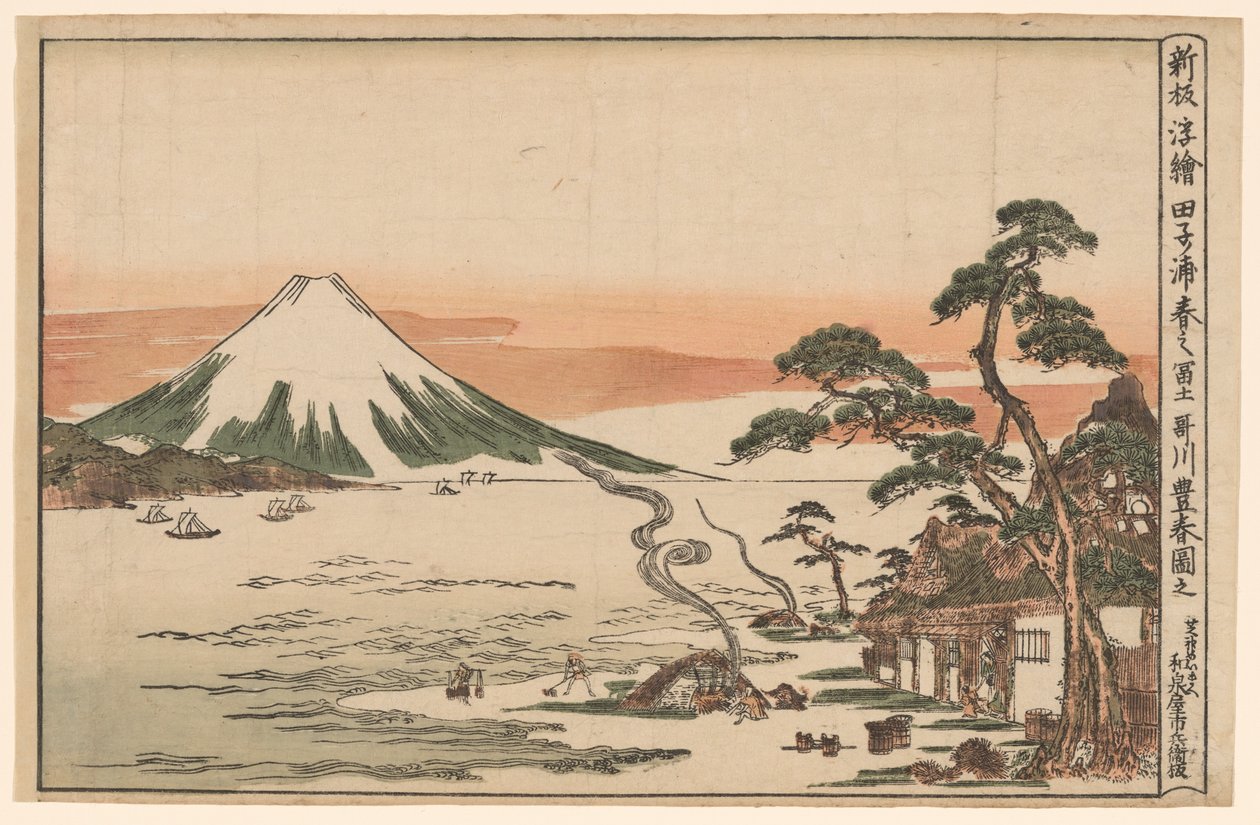 Nově zveřejněný perspektivní obrázek hory Fuji na jaře z Tagonoury (Shinpan uki-e Tagonoura haru no Fuji) od Utagawa Toyoharu