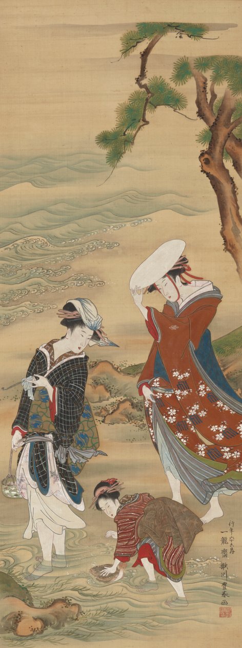 Dvě ženy a dívka na pobřeží od Utagawa Toyoharu