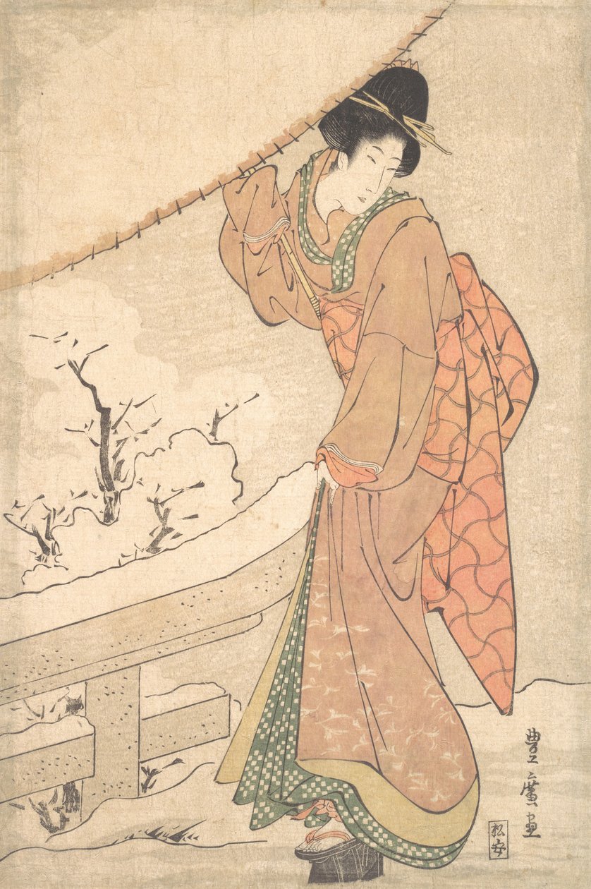 Mladá žena ve sněhové bouři nesoucí silně zasněžený deštník, ca. 1802.. od Utagawa Toyohiro