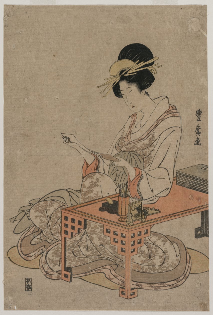 Kurtizána sedící u psacího stolu, c. konec 90. let 18. století. od Utagawa Toyohiro