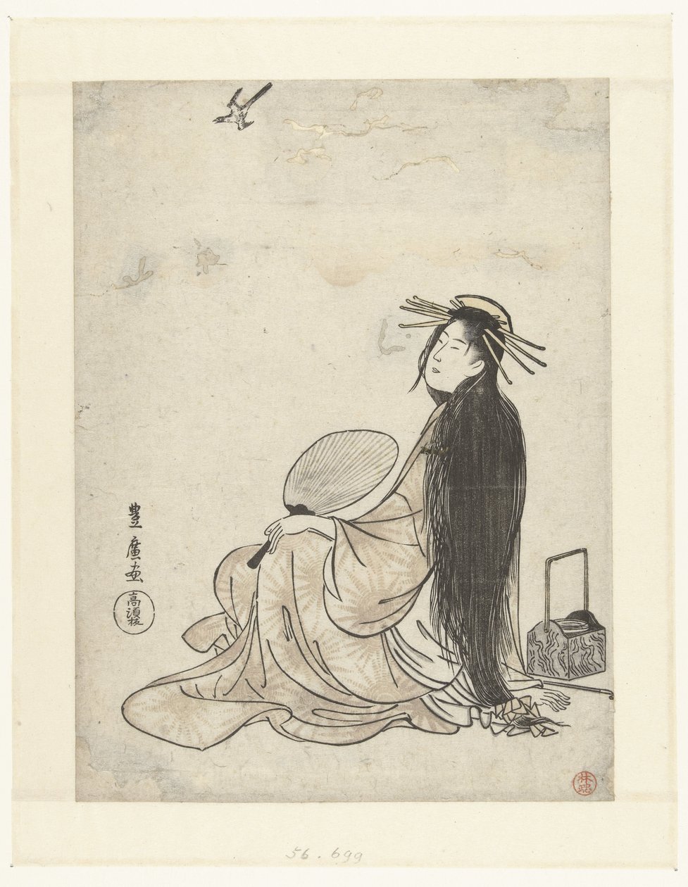 Kurtizána s ventilátorem a kuřáckým náčiním vzhlédla ke kukačce od Utagawa Toyohiro