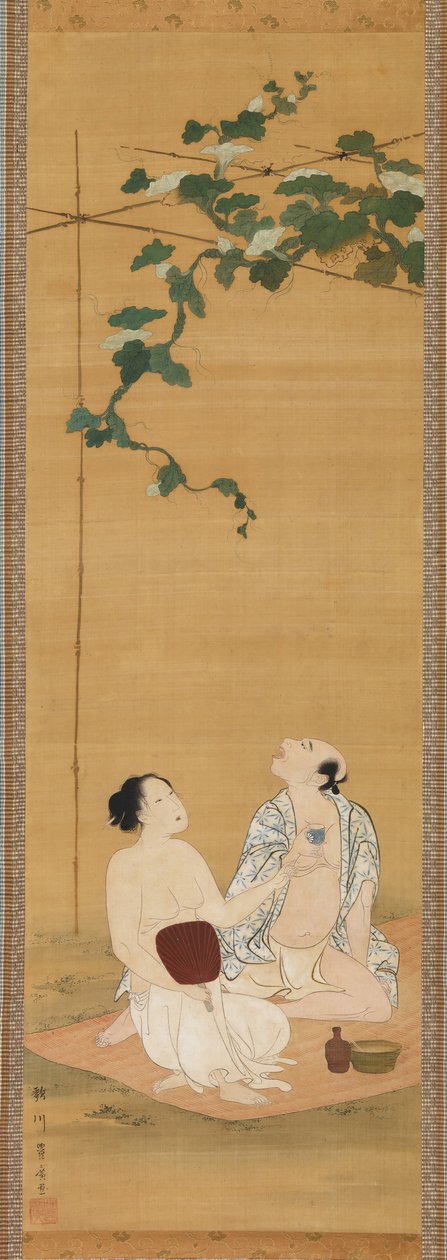 Enjoying the Evening Cool under a Gourd Trellis, počátek 19. století. od Utagawa Toyohiro