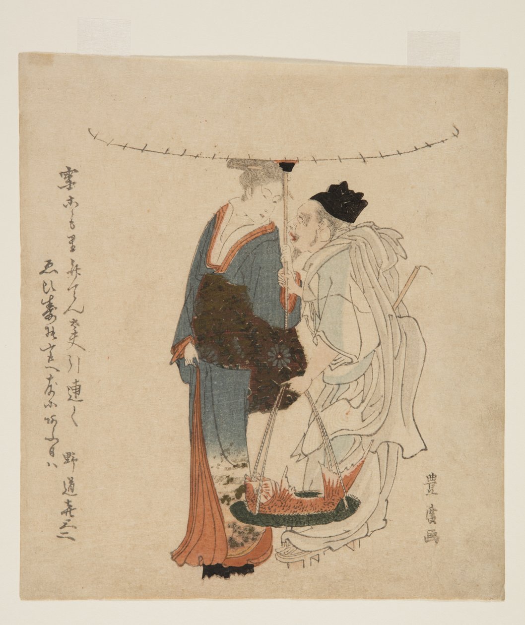 Bůh Ebisu kráčí s mladou ženou ve sněhu (barevný dřevořez) od Utagawa Toyohiro