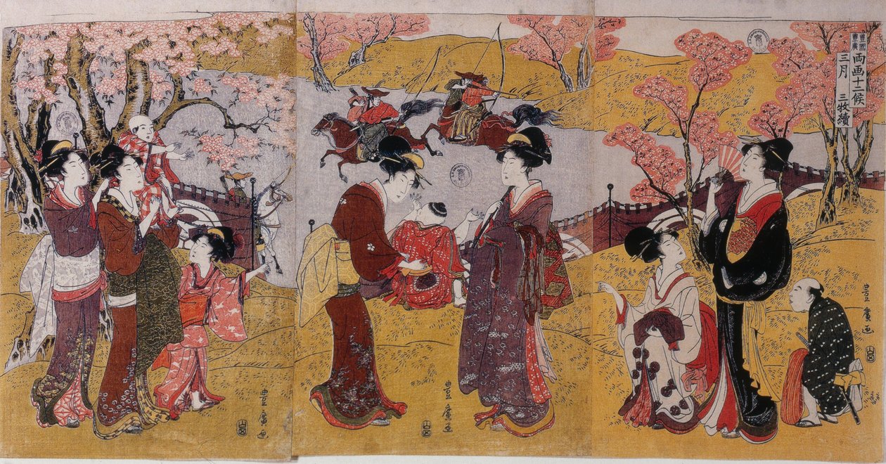 Třetí měsíc, Triptych ze série Dvanáct měsíců od dvou umělců, 1801 od Utagawa Toyohiro