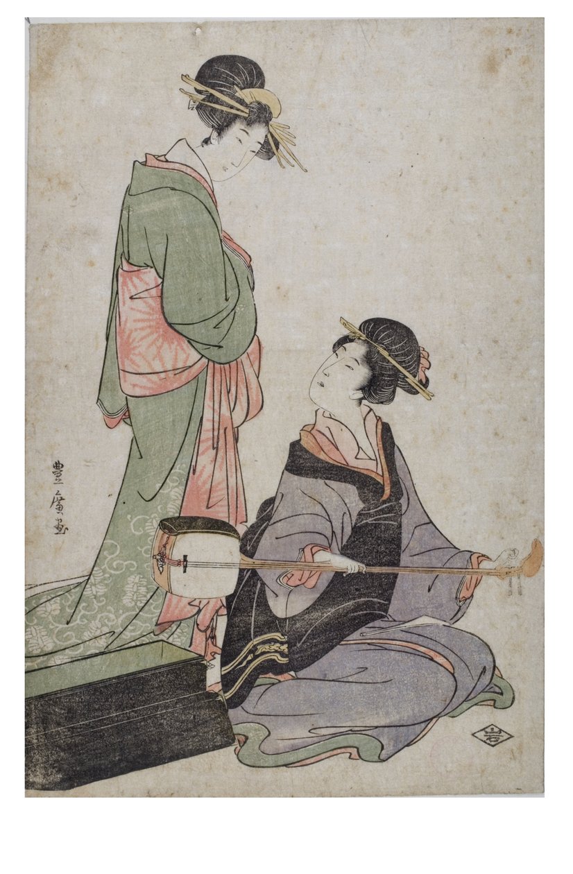Dva bidžinové, jeden se samisenem, období Edo od Utagawa Toyohiro