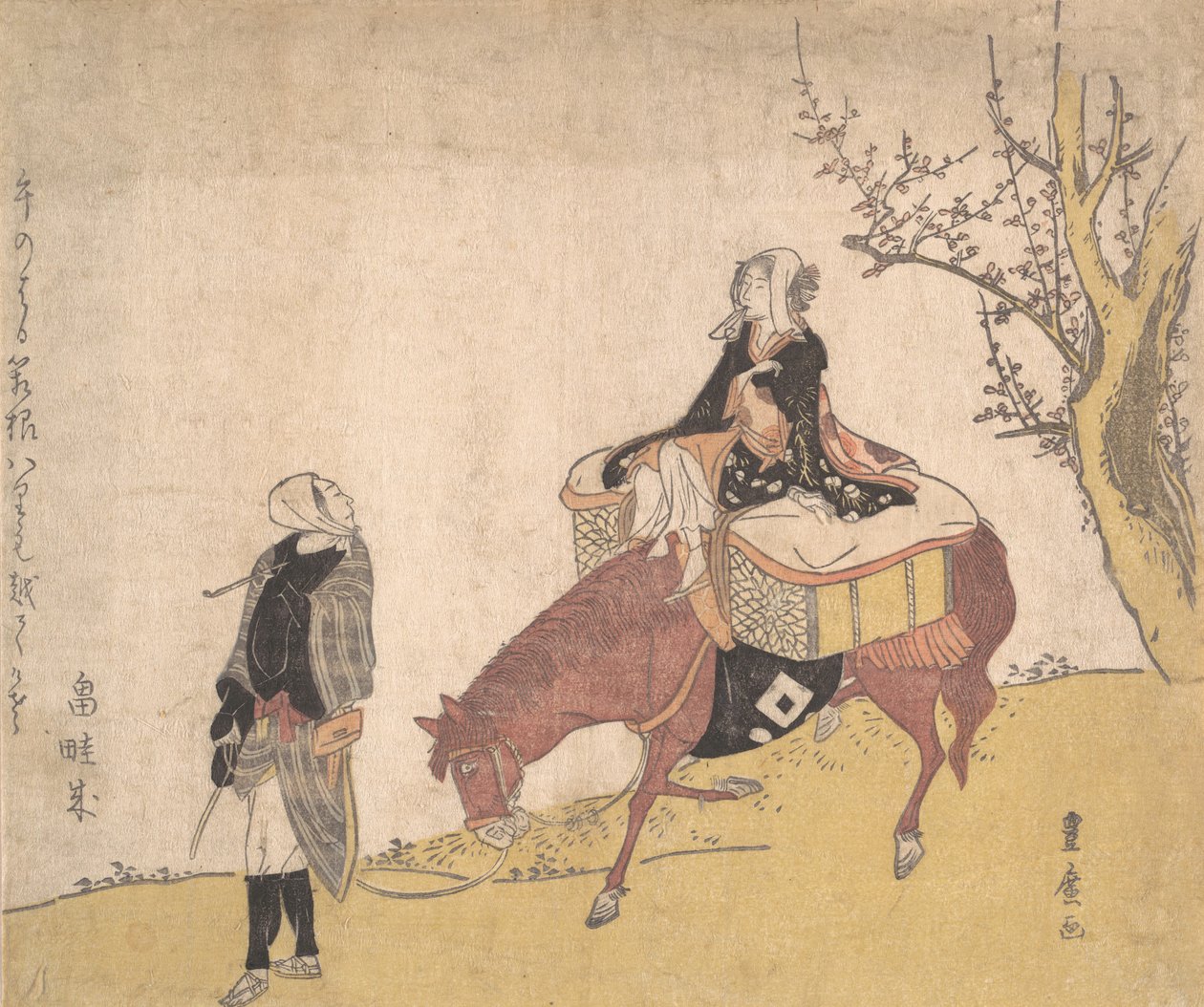 Verze Legend of Michizane: žena na koni, kterou vede muž. od Utagawa Toyohiro