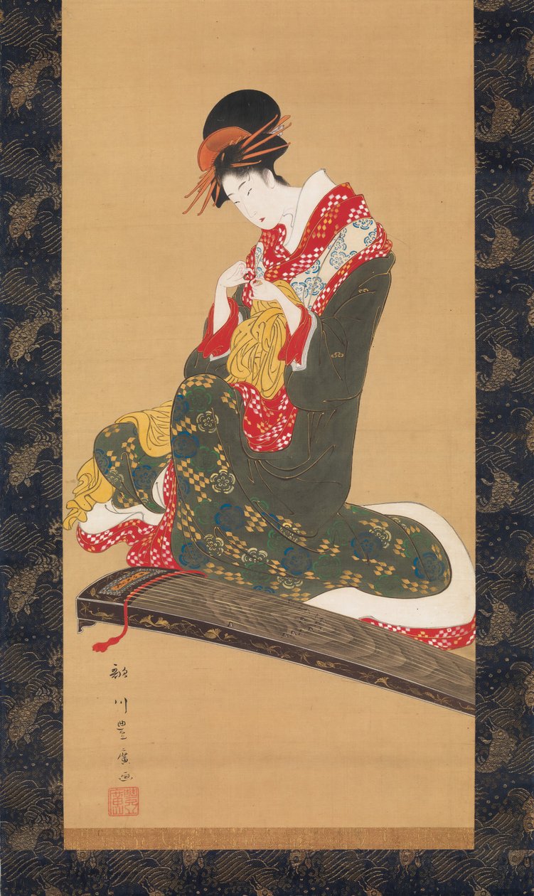 Žena, která si nasazuje prsa, aby hrála na koto, počátek 19. století. od Utagawa Toyohiro