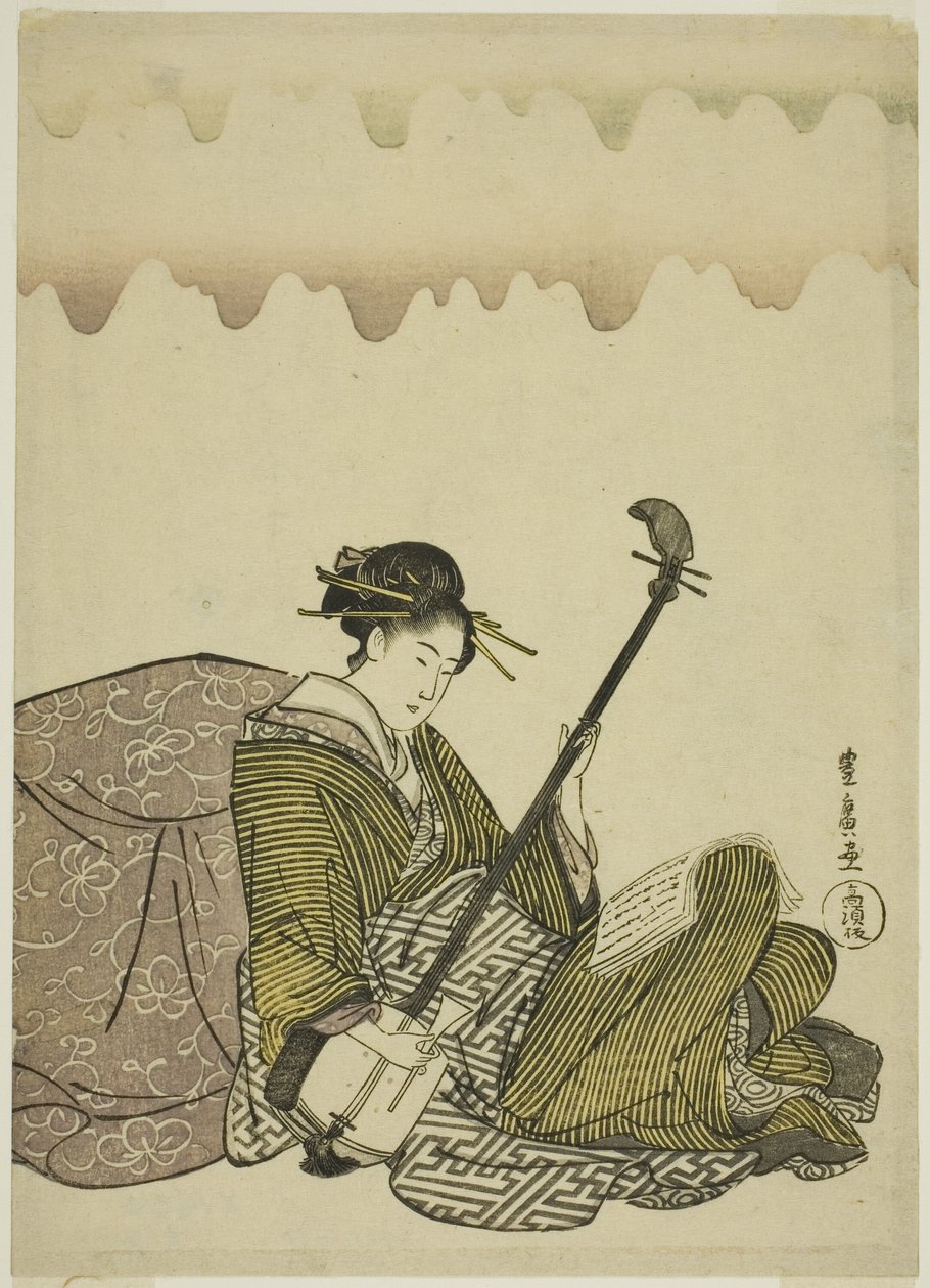 Žena hrající šamisen z nepojmenované série žen ve volném čase od Utagawa Toyohiro