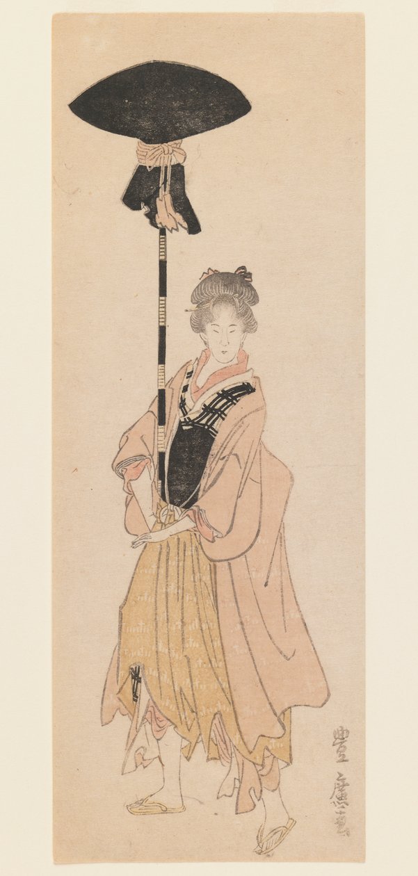 Mladá žena nese ozdobenou tyč pro procesí, kolem 1805-6 (dřevěný tisk, úzký tisk ve stylu koban tate-e surimono) od Utagawa Toyohiro