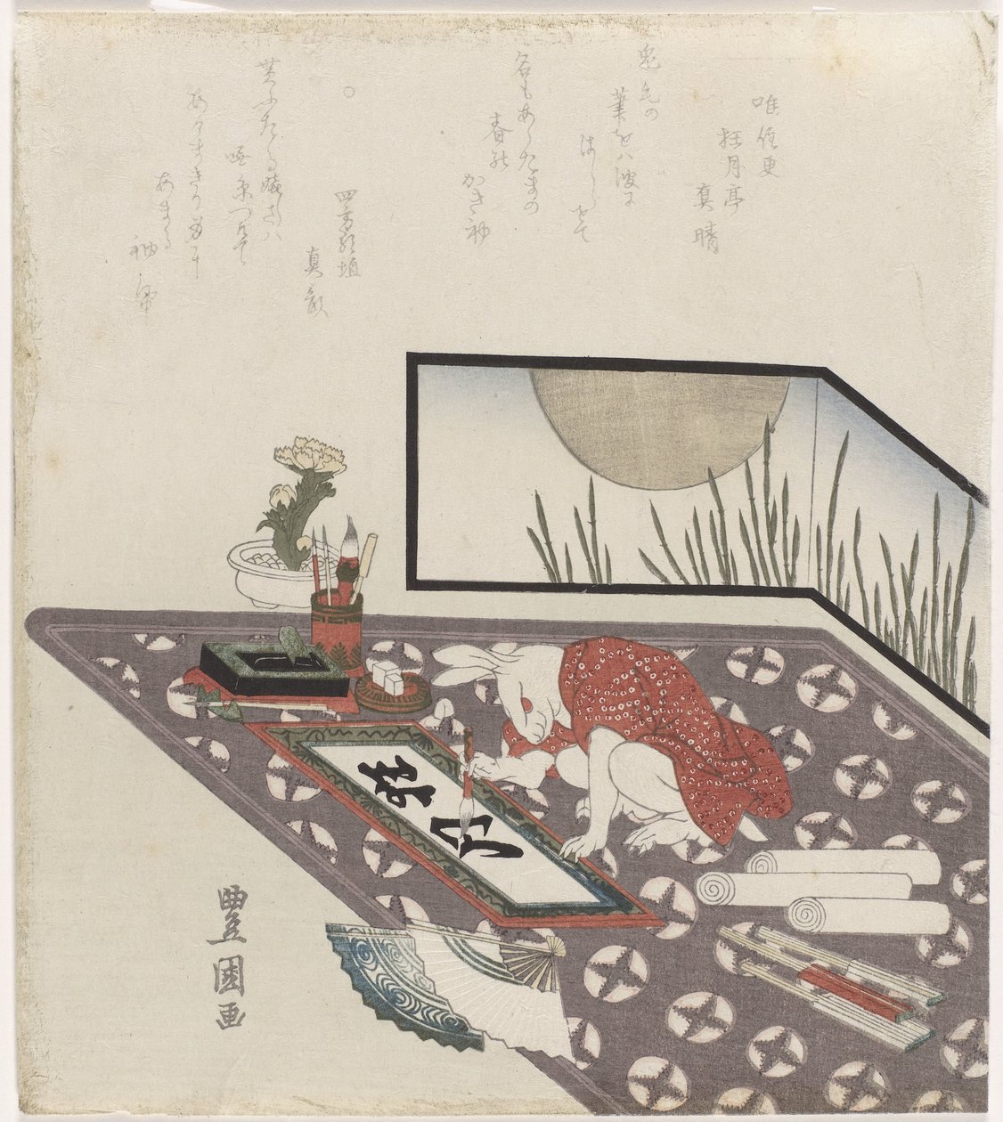 Zaječí kaligrafie novoroční přání k roku zajíce (1819) od Utagawa Toyokuni (I)